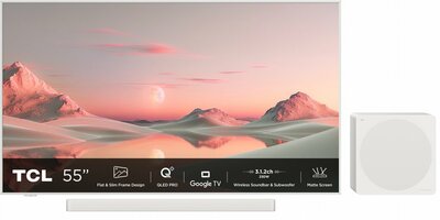 TCL NXTFRAME 55A300W Pro Wit | 55'' Ultra HD 4K | QLED Smart TV | Draadloze Soundbar en Subwoofer | Wi-Fi | Google TV | HDR10+ | 120Hz